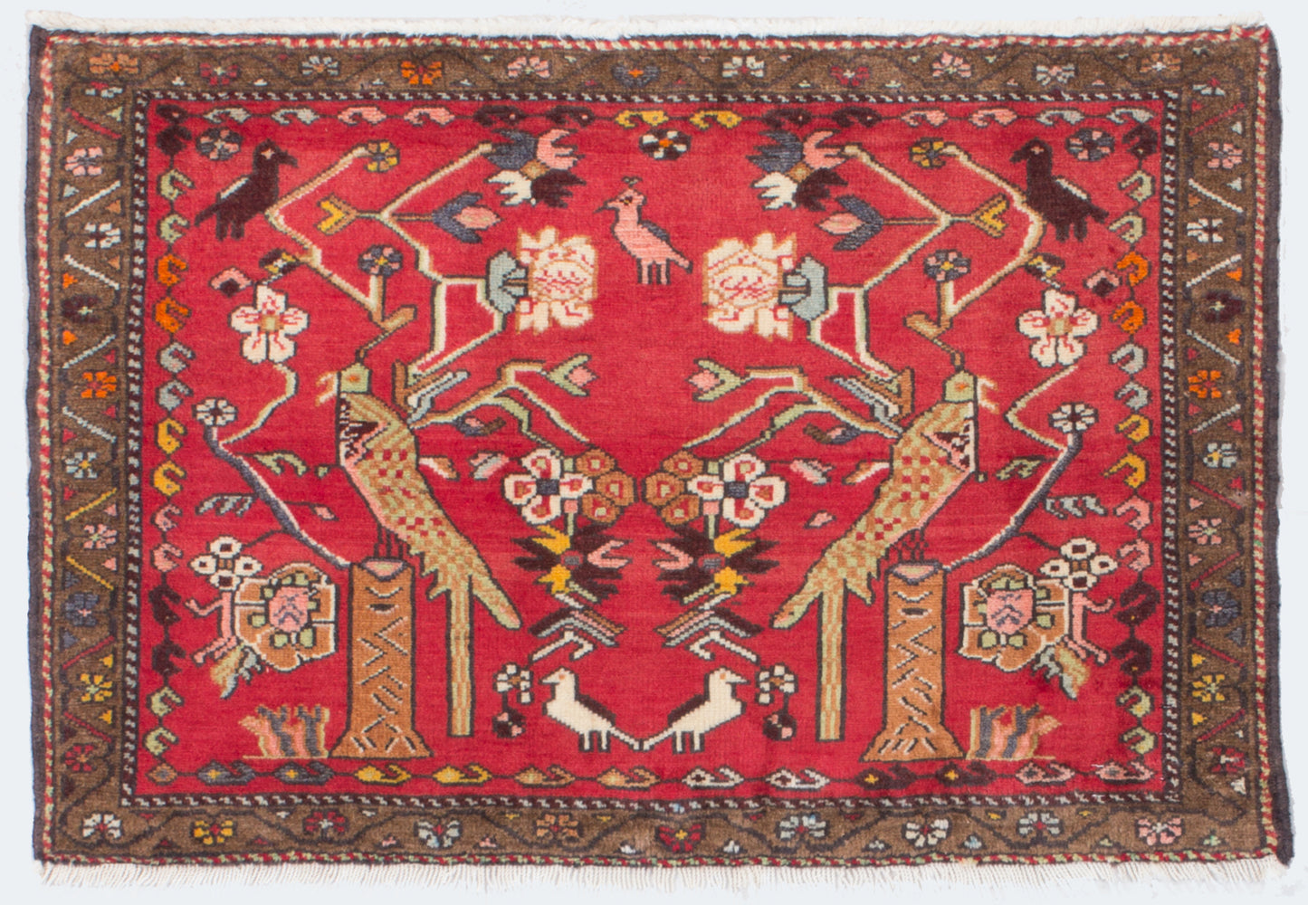 Persian vintage bathmat with birds and flowers that is on the red background and it is super soft and cozy