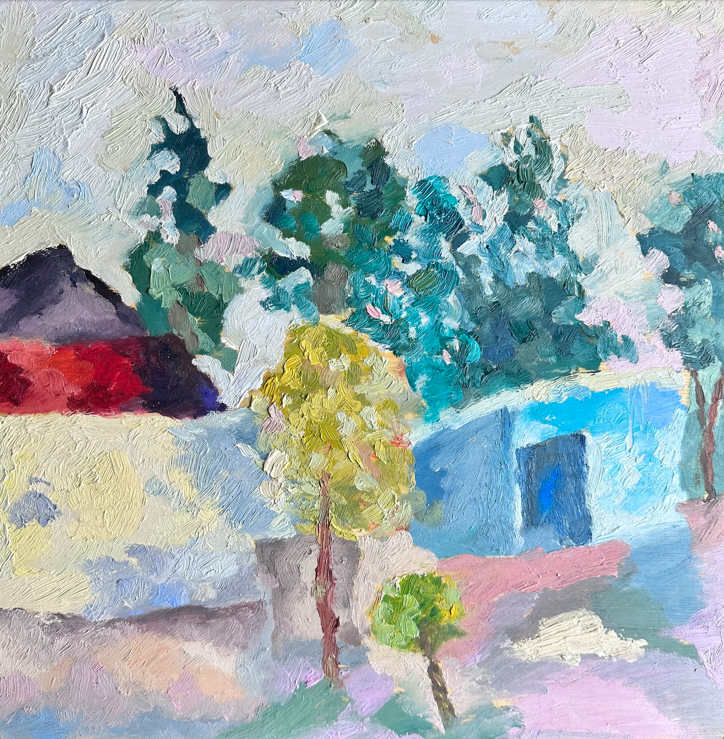 White Houses and Trees - Oil on Wood Painting